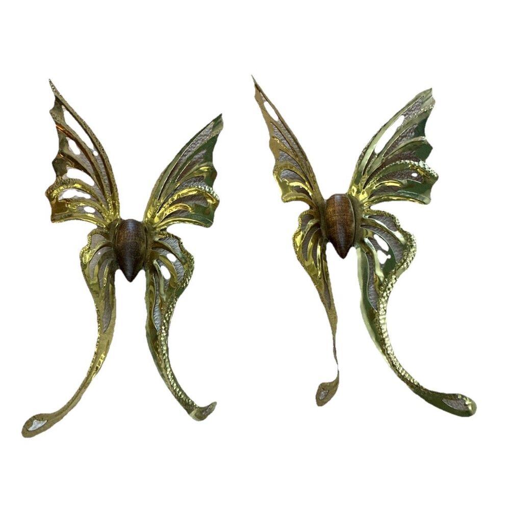 Vintage Brass Wood Butterflies Set Of 2 MCM